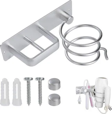 Image de Support mural argenté pour sèche-cheveux et fer à lisser, en aluminium, à 2 trous