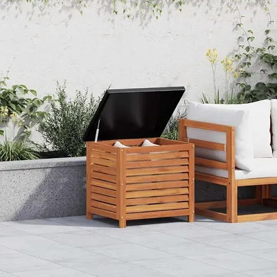 Imagen del producto de Caja de jardín de 60x50x55 cm, fabricada en madera de eucalipto maciza, resistente a la intemperie. Ideal para almacenamiento, como caja para cojines y con tapa