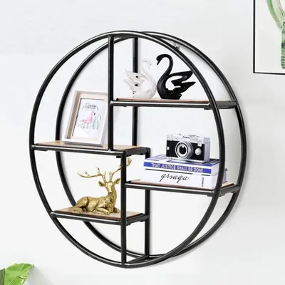 Image de COSTWAY Étagère murale ronde, Étagère suspendue avec 4 étagères, Étagère métallique en bois, Bibliothèque circulaire pour chambre, salon, cuisine et bureau 55x55x11cm