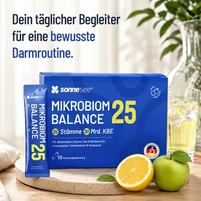 Produktbild von Sonnesee Mikrobiom Balance 25 – 25 Bakterienkulturen mit 30 Mrd. KBE, Ballaststoffe & Enzyme, 30 Sticks
