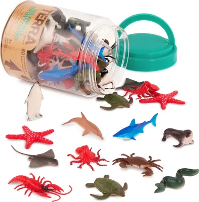 Produktbild von Terra 60-teilig Tierfiguren Sammlung Meerestiere Spielzeug Set – Hai, Schildkröte, Tintenfisch, Krabbe, Pinguin, Delphin und mehr – Spielzeug ab 3 Jahren