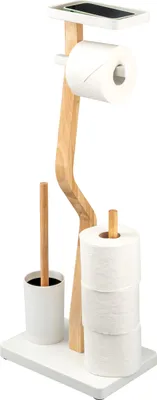 Image de eluno Garniture de WC sur pied 4 en 1, brosse de WC, porte-rouleau, tablette en bois et métal blanc