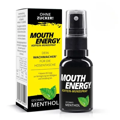 Produktbild von MOUTH ENERGY Koffein-Mundspray Menthol | Dein Wachmacher für die Hosentasche - Energy Drinks & Koffein-Tabletten war gestern, mit Vitamin B12 & Taurin