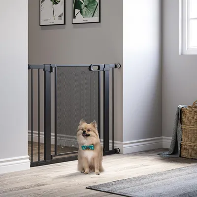 Produktbild von Treppenschutzgitter Hund selbstschließend, Türschutzgitter Einhandbedienung, Stahl ABS, Schwarz | 76 cm hoch | 75–103 cm Breite | doppeltes Schloss