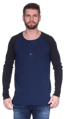 Produktbild von Herren Oversize-Schnitt Langarm Shirt Baumwolle zweifarbig Dunkelblau/Schwarz S