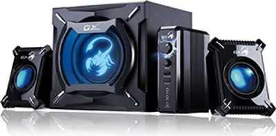 A set of black computer speakers with blue lighting, including a subwoofer and two satellite speakers.