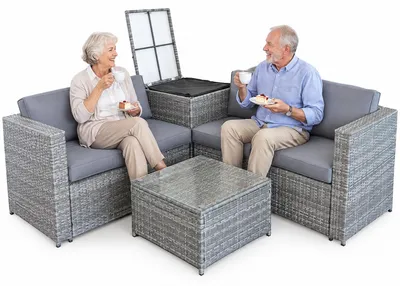 Produktbild von Polyrattan Ecklounge Gartenmöbel Set mit Auflagenbox Grau