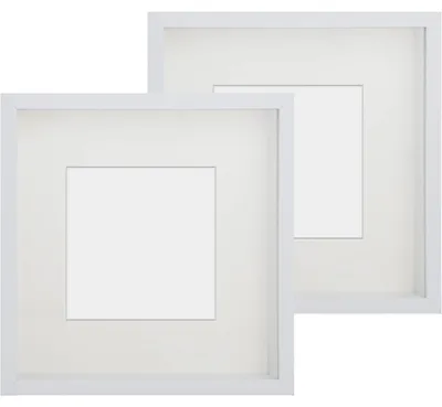 Image de Lot de 2 cadres photo 3D, dimensions 20x20 cm, en verre véritable, avec une profondeur de 3 cm, comprenant un passe-partout beige pour photos de 10x10 cm. Couleur : blanc