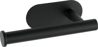 A black toilet paper holder mounted on a wall.