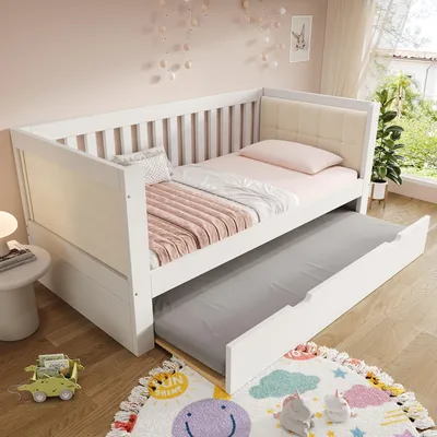 Produktbild von okwish Schlafsofa 90x200 Einzelbett mit Ausziehbett Holzbett platzsparend mit Lattenrost für Kinderbett Weiß (ohne Matratze)