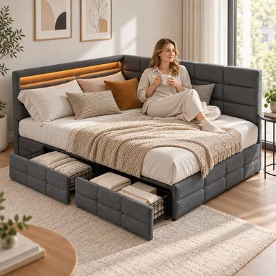 Zdjęcie produktu dla Łóżko tapicerowane INONEFT, sofa rozkładana 140x200 cm z pojemnikiem na pościel, sofa do spania z oświetleniem LED i portami USB, łóżko młodzieżowe, kolor szary