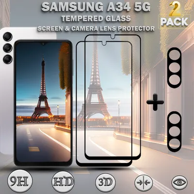 Produktbild von 2-Pack SAMSUNG A34 5G Displayschutzfolie und 2-Pack Objektivschutz aus 9H gehärtetem Glas