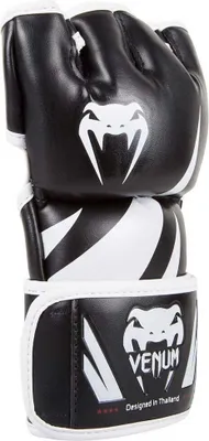 A pair of black and white MMA gloves.