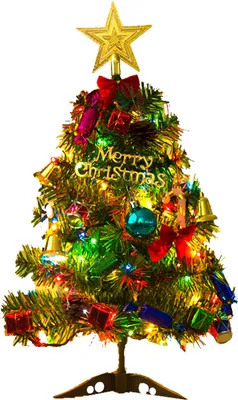 A decorated mini Christmas tree with lights and ornaments.