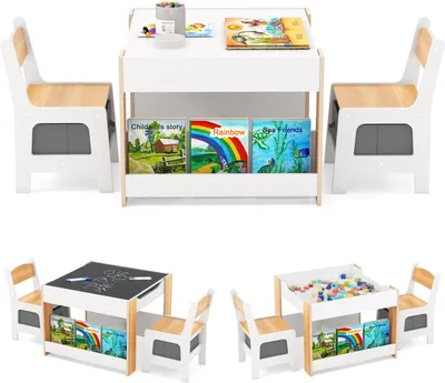 Produktbild von GOPLUS 4 in 1 Kindertisch mit 2 Stühlen, Kindersitzgruppe mit beidseitiger Tischplatte & Seitenregalen, 2 Stoffboxen, Kindermöbel für Kinder zum Lesen
