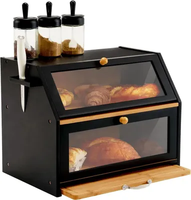 Produktbild von Bambus Brotkasten - 2-stöckige Brotbox - Mit Schneidebrett - Sichtfenster - 39x26x33 cm - Schwarz