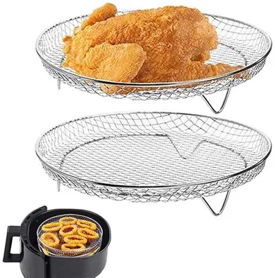 Produktbild von Airfryer Rost 20.5 cm - 2er Set Edelstahl Grillrost - Runder Backrost für Heißluftfritteuse - Stapelbarer Dörrrost - Edelstahl 304 - Zum Backen Kochen