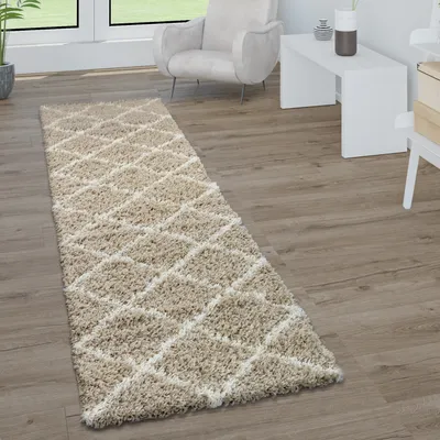Produktbild von Hochflor Teppich Weicher Wohnzimmer Shaggy Skandinavischer Stil Rautenmuster Grösse 80x300 cm