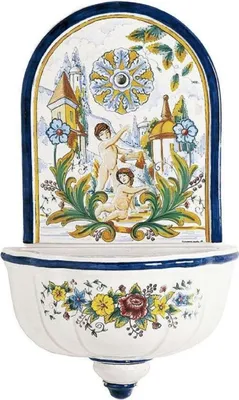 Produktbild von Casa Padrino Luxus Jugendstil Wandbrunnen Weiß / Mehrfarbig 62 x H. 104 cm - Handgefertigter & handbemalter Keramik Brunnen - Barock & Jugendstil Garten Deko Accessoires