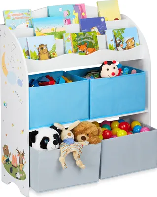 Produktbild von Relaxdays Kinderregal, 4 Boxen, Lagerfeuer Motiv, Spielzeug Aufbewahrung, Kinderzimmer Regal HBT 98 x 82,5 x 30 cm, bunt