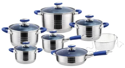 Produktbild von Haus Roland Kochgeschirr-Set, 13-teilig, blaue Griffe