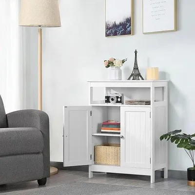 Produktbild von freistehender Badezimmerschrank, Küchenschrank mit verstellbarem Einlegeboden und Doppeltür, weiß, 60 x 30 x 80 cm