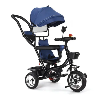 Produktbild von 4 in 1 Baby-Dreirad Kinderdreirad mit Lenkstange, umbaubar zum Fahrrad und Kinderwagen, dunkelblau, für Kleinkinder