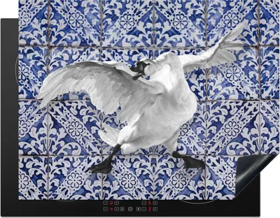 Produktbild von KitchenYeah© Herdabdeckplatte Schwan - Kunst - Delfter Blau - Malerei - Alte Meister , 77x59cm, Küche Deko, Glaskeramikkochfeld Herdabdeckung, Abdeckplatte fùr Kochfeld