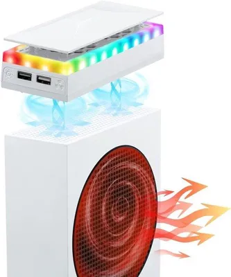 Image de Cache de ventilateur pour PC gaming avec 7 effets RGB, 3 vitesses (4000/4300/4500 RPM), port USB pour transfert de données/charge, et double dissipateur thermique RGB - Blanc