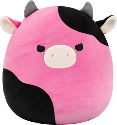 A plush toy cow with pink and black patches, a white snout, and gray horns is shown against a white background.