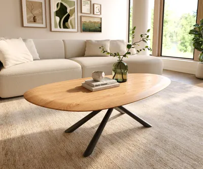 Produktbild von DELIFE Couchtisch Edge Oval 140x75 cm Eiche Natur Runde Kante Sarity Metall Schwarz