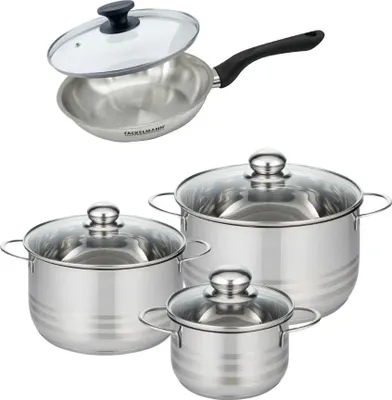 Image de Batterie de cuisine avec 1 poêle 20 cm et 3 faitouts 16/20/24 cm sans PFAS Fackelmann Généva Brillant avec couvercles