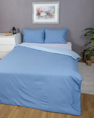 A bed with blue bedding and pillows, a dresser, and a plant.