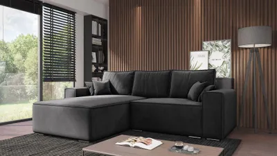 Produktbild von GOLDSTOFF Oslo Ecksofa mit Schlaffunktion & Bettkasten  Schlaffläche 208 x 158 cm L-Form Eckcouch mit Federkern und Metallbeinen (Dunkelgrau)
