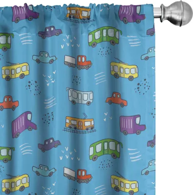 Image de ABAKUHAUS Rideaux, voilages, composition colorée de dessins animés représentant des véhicules de transport (voitures, bus), 2 pièces 75 x 245 cm, bleu ciel et multicolore
