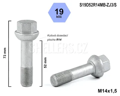 Obrázek produktu pro Kolový šroub M14x1,5x52 kulová R14, klíč 19, S19D52R14MB-ZJ3/S, výška 73 mm