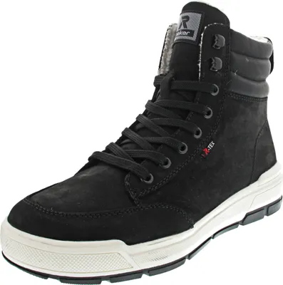 A black high-top boot with white soles and laces, presented against a white background.