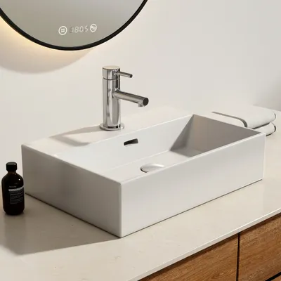 Produktbild von EMKE Keramik Waschbecken Aufsatzwaschbecken mit Armaturenloch Hängewaschbecken Glänzend Weiß Waschschale 51 x 36 x 13 cm
