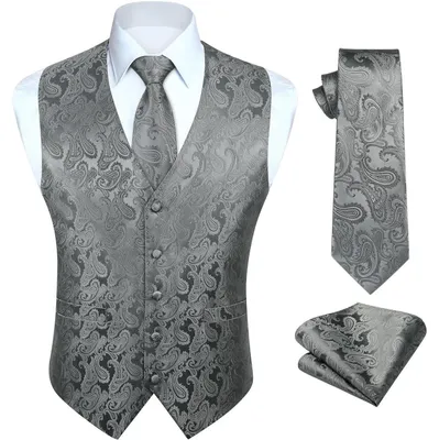Productafbeelding van Herenset met vest en jasje, jacquard, bloemenprint, grijs, maat L