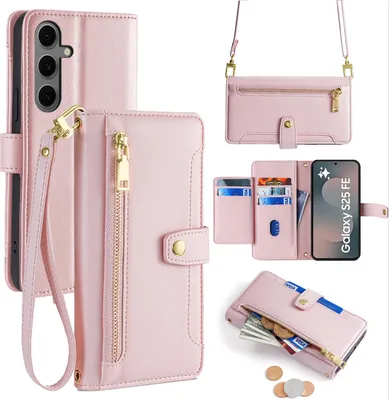 Produktbild von Handykette für Samsung Galaxy S25 FE Hülle mit Band Handyhülle Kartenfächer Kunstleder Umhängetasche in Rosa