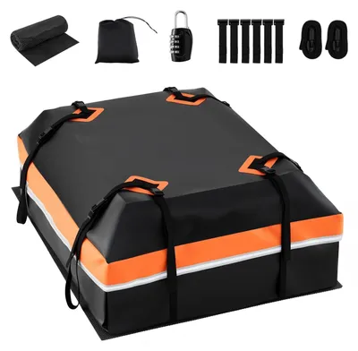 Immagine prodotto di KOMFOTTEU, box da tetto per auto da 450 litri, contenitore impermeabile con 10 cinghie larghe, 6 ganci per la porta, base antiscivolo, borsa per il trasporto, lucchetto numerico, borsa da tetto pieghevole per viaggi e trasporto bagagli