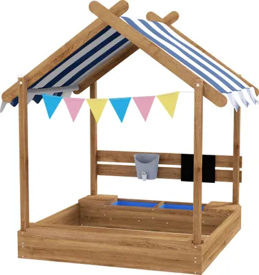 Produktbild von Sandkasten mit Sonnenschutz, Spielhaus-Design, mit Spielzeug-Set, behandeltes Massivholz, 124 x 116 x 146 cm, Braun