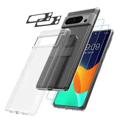 Produktbild von kwmobile 5in1 Set Handyhülle kompatibel mit Google Pixel 8 Pro Hülle - 1x stoßsichere Schutzhülle 2x Schutzglas Display 2x Kamerschutz Glas -
