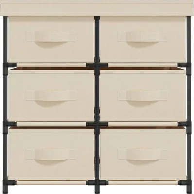 A front view of a cream-colored fabric storage cabinet with six drawers, set against a white background.