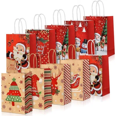 Productafbeelding van Kerstcadeautasjes, 10 stuks, met handvat, kerstboom, rendier, rood, 21x15x8 cm