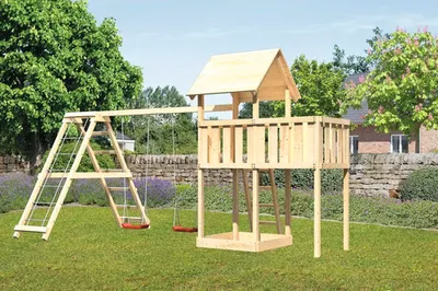 Produktbild von Spielturm Spielhaus Karibu Lotti 107 x 107 cm Holz bestehend aus Anbau, Grundturm