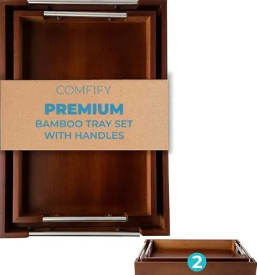 Image de Ensemble de 2 plateaux de service en bambou Unyqoos®, couleur marron – plateaux empilables avec poignées, en bambou, dimensions : 40 x 30 x 50 cm et 36 x 30 x 50 cm