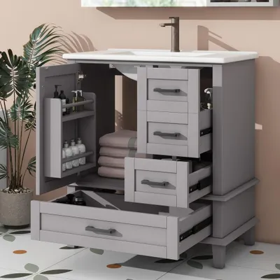 Produktbild von Moderner Badezimmerschrank Schwarz mit Keramikwaschbecken MDF 3 Schubladen Türregal 76x46x83cm
