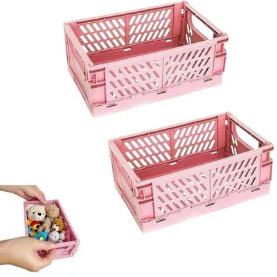 Immagine prodotto di Due mini contenitori pieghevoli - piccoli contenitori in plastica impilabili - piccoli contenitori pieghevoli - per la casa, l'ufficio, l'organizzazione - 10x15x5,8 cm - rosa