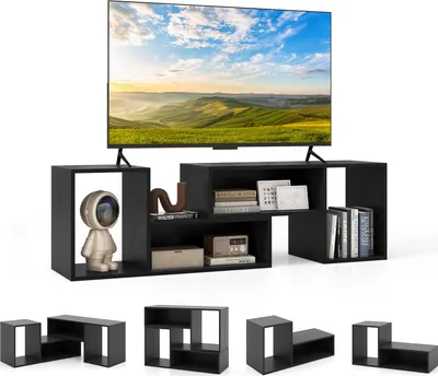 Zdjęcie produktu dla KOMFOTTEU Kombinowana szafka TV, 2-częściowa, uchwyt TV do 60 cali, centrum rozrywki z zamkniętymi i otwartymi półkami, wielofunkcyjna szafka TV do salonu (czarna)